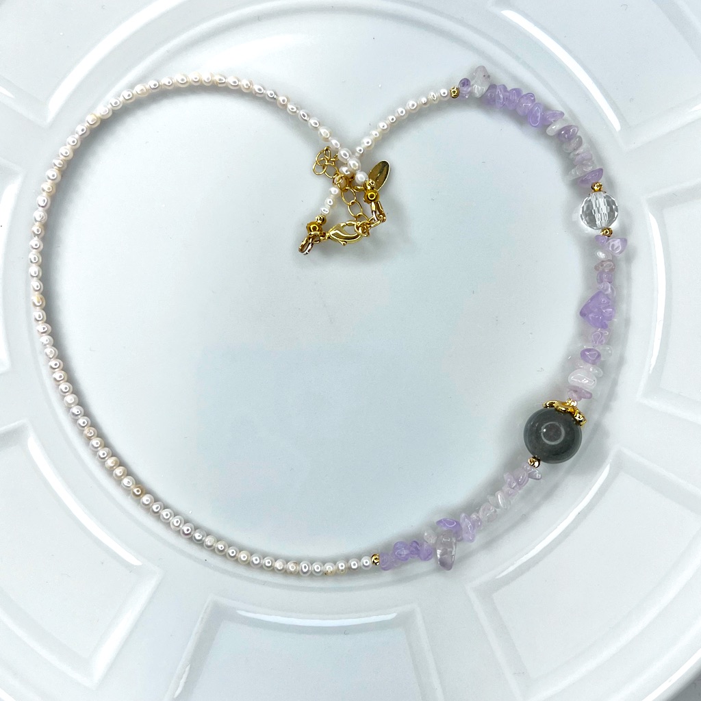 Handmade Freshwater Baby Pearl Lavender Amethyst Moonstone Necklace Clear Quartz 35$
